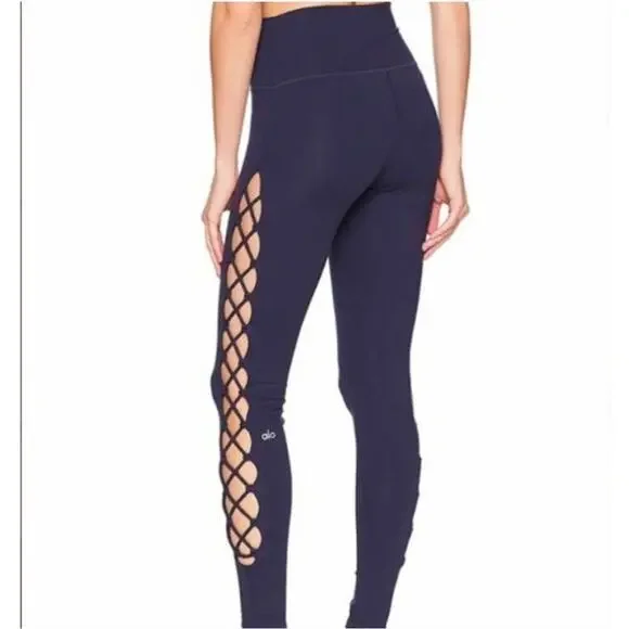 Alo Yoga Womens High Waisted Interlace Criss Cross Cutout Leggings Blue Size L - Picture 2 of 8